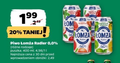 Piwo Łomża Radler 0,0% różne rodzaje promocja w Netto