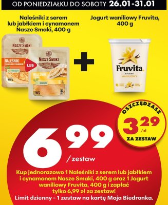 Zestaw: Naleśniki z serem / jabłkiem i cynamonem Nasze Smaki + Jogurt waniliowy Fruvita promocja w Biedronka
