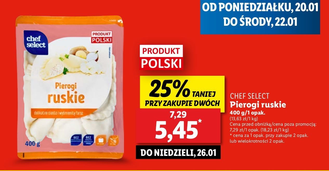 Pierogi ruskie Chef select promocja w Lidl