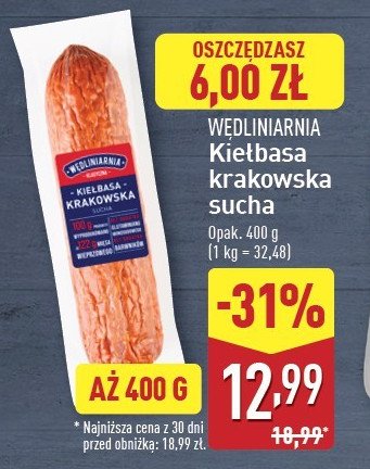 Kiełbasa krakowska sucha Wędliniarnia classic promocja w Aldi