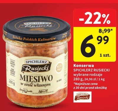 Konserwa Mięsiwo w sosie własnym SPICHLERZ RUSIECKI wybrane rodzaje promocja w Intermarche