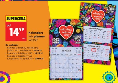 Kalendarz ścienny miesięczny jedno- lub dwudzielny WOŚP promocja w Biedronka
