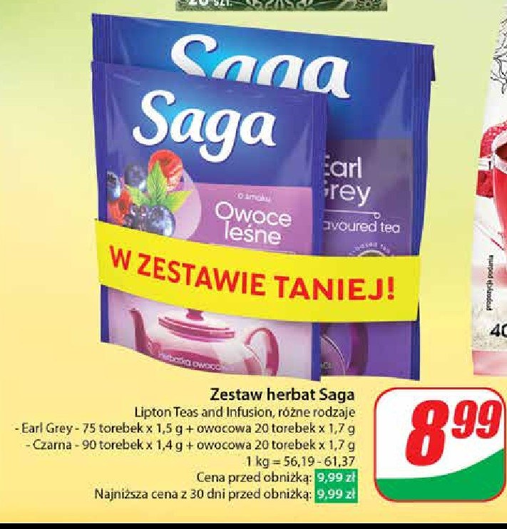 Zestaw herbata czarna 90 szt + herbata owoce leśne 20 szt Saga promocja w Dino