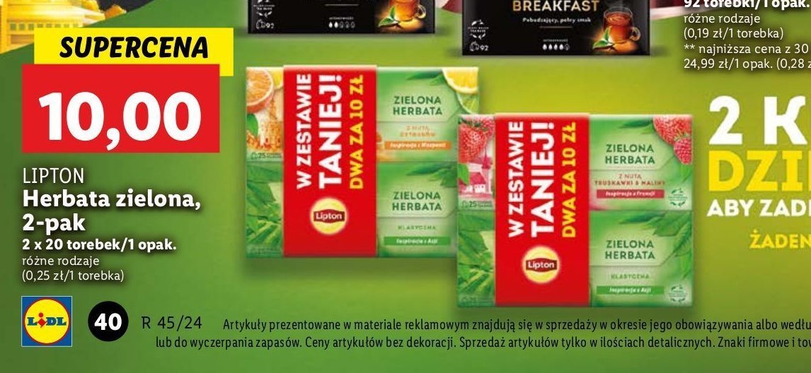 Herbata standard + herbata z truskawką i maliną Lipton green tea promocja