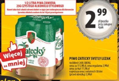Piwo Zatecky Svetly Lezak 4x500ml promocja w Arhelan