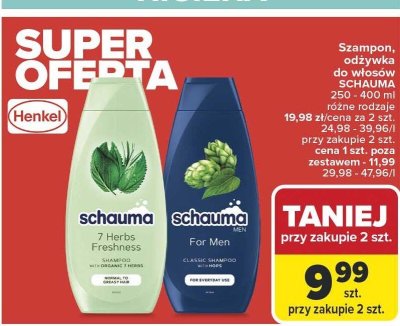 Szampon, odżywka do włosów SCHAUMA 250-400 ml różne rodzaje promocja w Carrefour