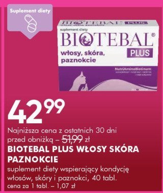 Suplement diety BIOTEBĄL PLUS WŁOSY SKÓRA PAZNOKCIE 40 tabl. promocja w Super-Pharm