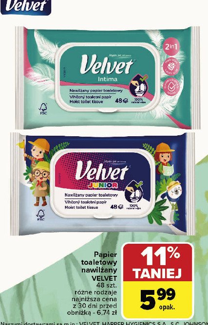 Papier toaletowy nawilżany 2w1 Velvet intima promocja w Carrefour