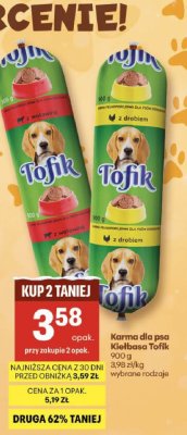Karma dla psa Kiełbasa Tofik z wołowiną promocja w Delikatesy Centrum