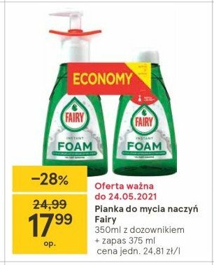 Pianka do mycia naczyń 350 ml + pianka do mycia naczyń zapas 375 ml Fairy promocja