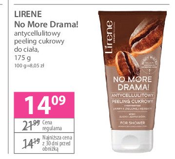 Antycelulitowy peeling cukrowy z ekstraktem z kawy i zielonej herbaty Lirene no more drama! promocja