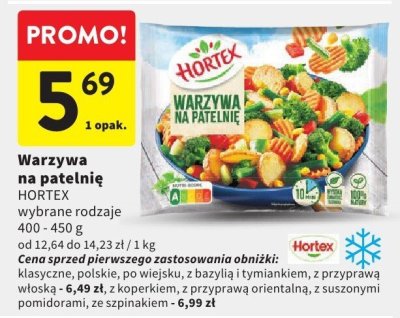 Warzywa na patelnię HORTEX wybrane rodzaje Klasyczne, po wiejsku, z bazylią i tymiankiem, z przyprawą włoską, z koperkiem, z przyprawą orientalną, z suszonymi pomidorami, ze szpinakiem promocja w Intermarche