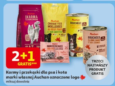 Karmy i przekąski dla psa i kota marki własnej Auchan oznaczone logo promocja w Auchan