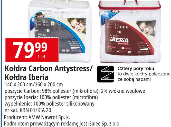 Kołdra antystresowa carbon 140 x 200 cm Amw promocja w Leclerc