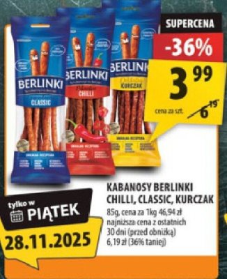 Kabanosy Berlinki Chilli, Classic, Kurczak promocja w Arhelan