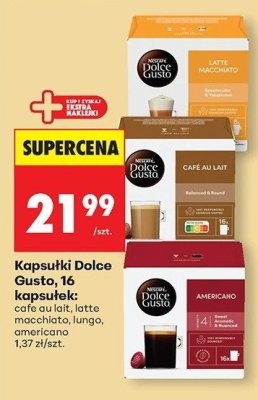 Kapsułki Dolce Gusto, 16 kapsułek: cafe au lait, latte macchiato, lungo, americano promocja w Biedronka