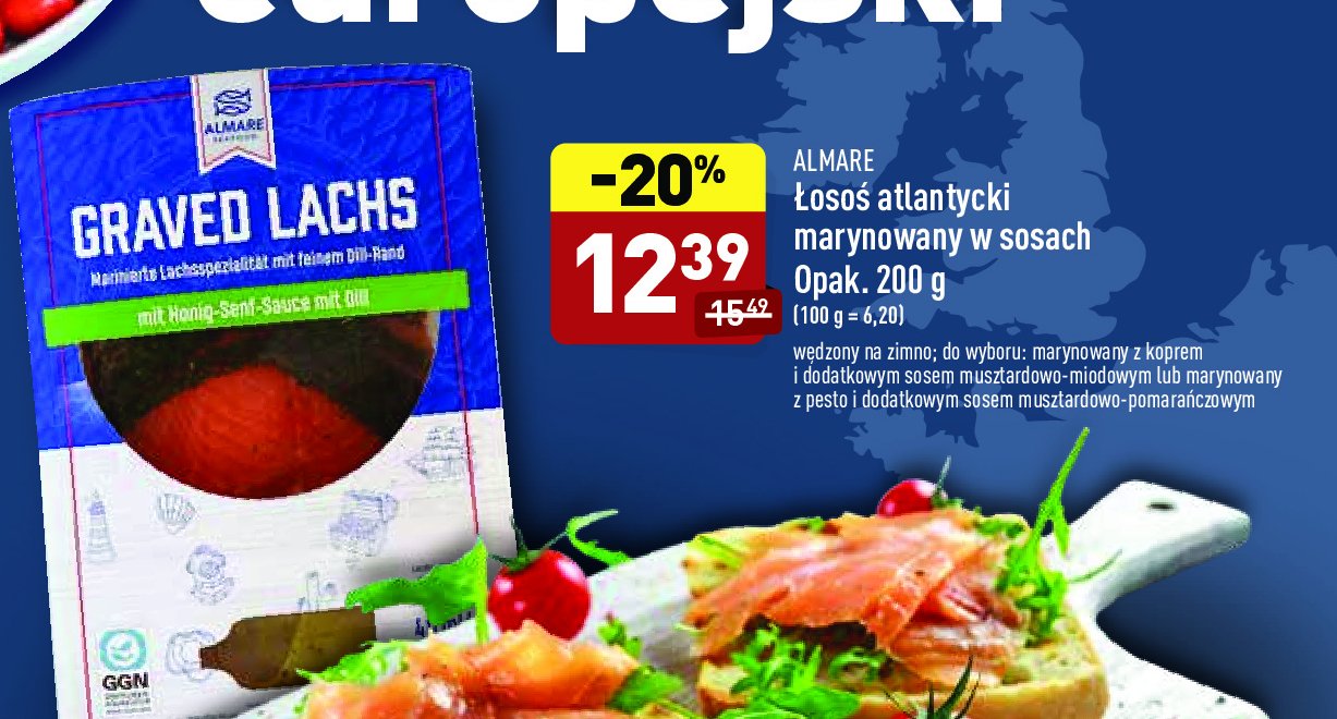 Łosoś atlantycki marynowany z koprem i z sosem musztardowo-miodowym Almare seafood promocja