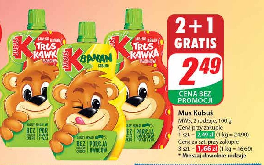 Mus truskawka-jabłko-banan-marchew Kubuś mus 100% promocja w Dino