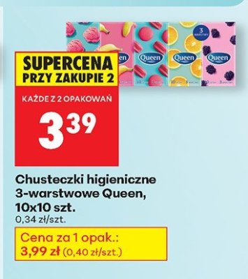 Chusteczki higieniczne 3-warstwowe Queen, 10x10 szt. promocja w Biedronka