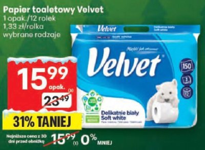 Papier toaletowy Velvet 1 opak./12 rolek, 1,33 zł/rolka wybrane rodzaje promocja w Delikatesy Centrum