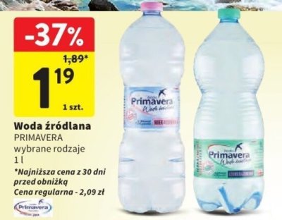 Woda źródlana PRIMAVERA wybrane rodzaje 1 l promocja w Intermarche