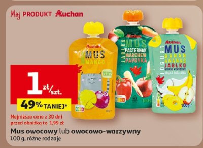 Mus owocowy lub owocowo-warzywny Auchan 100 g, różne rodzaje promocja w Auchan