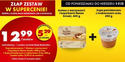 Zestaw: Gulasz z warzywami i kopytkami Nasze Smaki + Zupa pomidorowa z makaronem orzo promocja w Biedronka