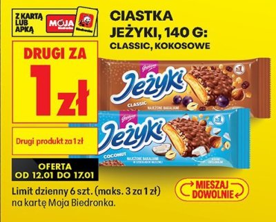 Ciastka Jeżyki kokosowe DRUGIE ZA 1 ZŁ promocja w Biedronka