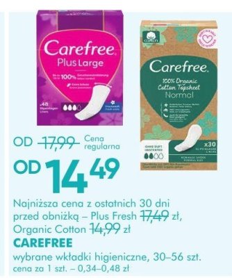 Wkładki higieniczne CAREFREE Plus Fresh, Organic Cotton promocja w Super-Pharm