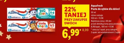 Pasta do zębów Aquafresh Big Teeth dla dzieci 6-8 lat promocja w Lidl