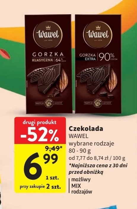 Czekolada gorzka extra 90% Wawel promocja w Intermarche