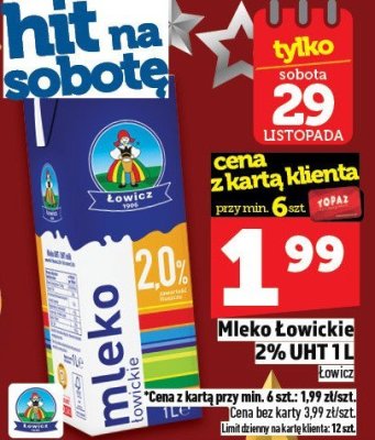 Mleko Łowickie 2% UHT 1L promocja w TOPAZ