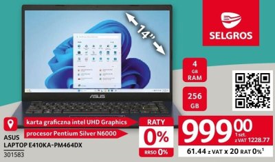 Laptop ASUS E410KA-PM464DX promocja w Selgros