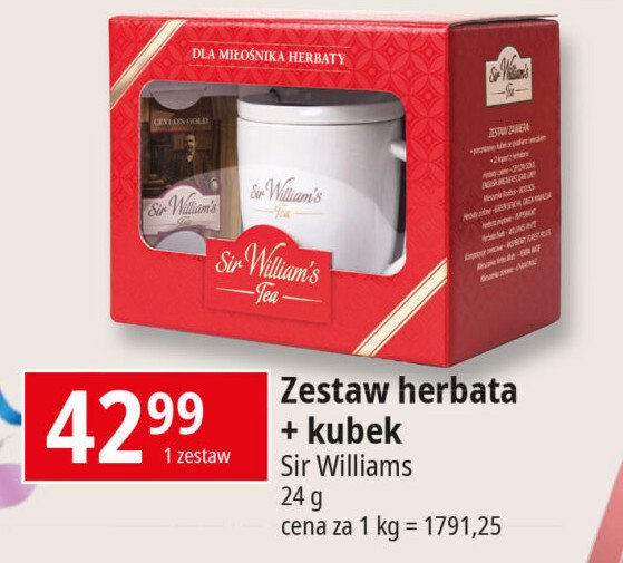 Zestaw w pude艂ku prezentowy dla mi艂o艣nika herbaty: kubek ze spodkiem + 12x torebki herbaty Sir william's tea zestaw promocja