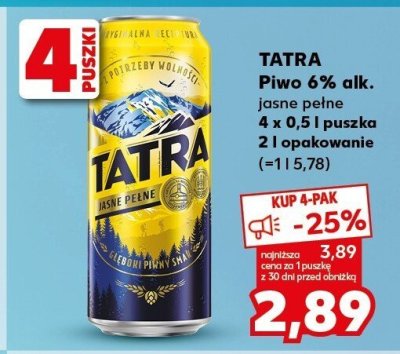 Piwo Tatra jasne pełne 6% alk. 4 x 0,5 l puszka promocja w Kaufland