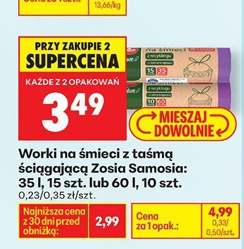 Worki na śmieci z taśmą Zosia Samosia: 35 l, 15 szt. lub 60 l, 10 szt. promocja w Biedronka