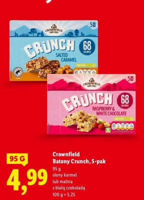 Batony Crownfield Batony Crunch, 5-pak słony karmel lub malina z białą czekoladą promocja w Lidl