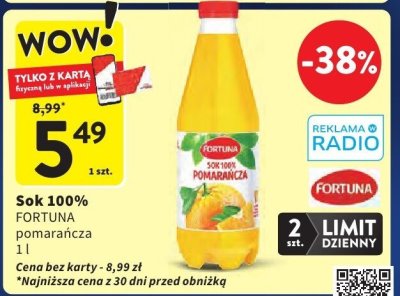 Sok 100% FORTUNA pomarańcza promocja w Intermarche