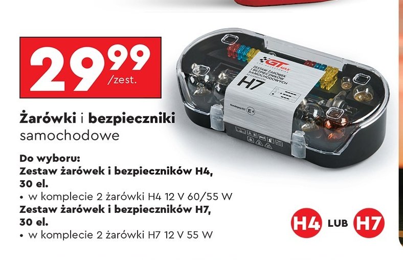 Zestaw żarówek i bezpieczników h7 12v 55w Gt max promocja w Biedronka