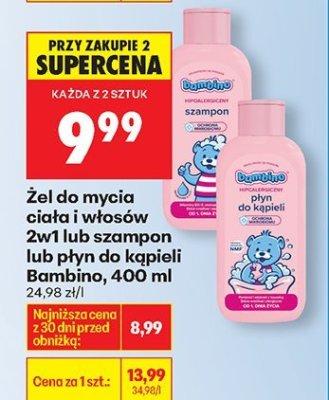Żel do mycia ciała i włosów 2w1 lub szampon lub płyn do kąpieli Bambino, 400 ml promocja w Biedronka