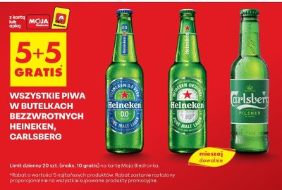 Wszystkie piwa Heineken i Carlsberg w butelkach bezzwrotnych 5+5 GRATIS promocja w Biedronka