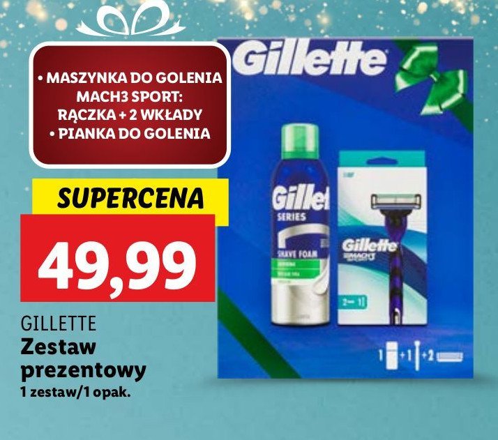 Zestaw w pudełku: pianka do golenia sensitive 200 ml + maszynka do golenia mach3 sport 1+2 szt Gillette zestaw promocja w Lidl