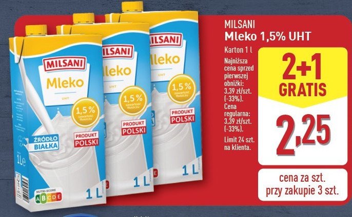 Mleko 1.5% Milsani promocja w Aldi