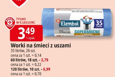 Worki na śmieci z uszami Elembal Supermocne 35 litrów, 26 szt. promocja w Leclerc