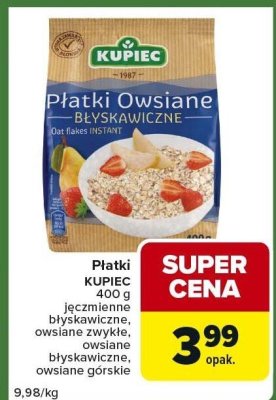 Płatki KUPIEC 400g jęczmienne błyskawiczne, owsiane zwykłe, owsiane błyskawiczne, owsiane górskie promocja w Carrefour Express