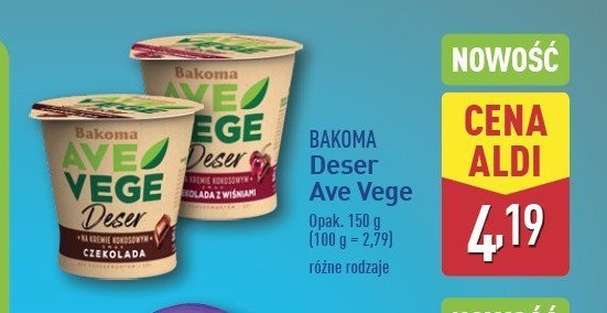 Deser na kremie kokosowym czekoladowy Bakoma ave vege promocja w Aldi