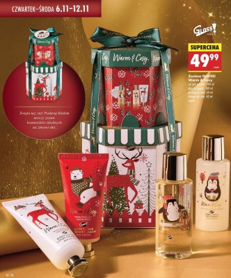Zestaw kosmetyków GLOSSI Warm & Cosy żel pod prysznic 100 ml, płyn do kąpieli 100 ml, peeling do ciała 60 ml, balsam do ciała 60 ml, myjka promocja w Biedronka