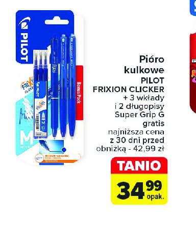 Pióro kulkowe+ 3 wkłady niebieskie + 2 długopisy super grip g Pilot frixion promocja