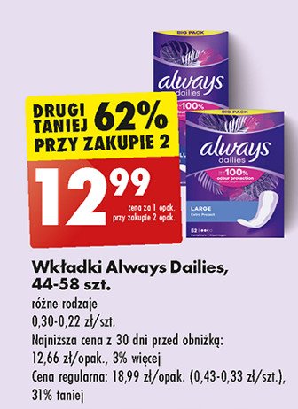 Wkładki higieniczne large Always dailies singles promocja