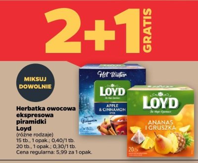 Herbatka owocowa ekspresowa piramidki Loyd 2+1 gratis promocja w Netto